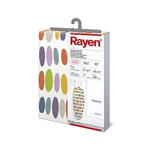 Rayen | Housse pour table à repasser | 4 épaisseurs : mousse, molleton, tissu 100 % coton et titane | Housse à revêement en titane | Gamme Premium | 130x47 cm | Multicolore
